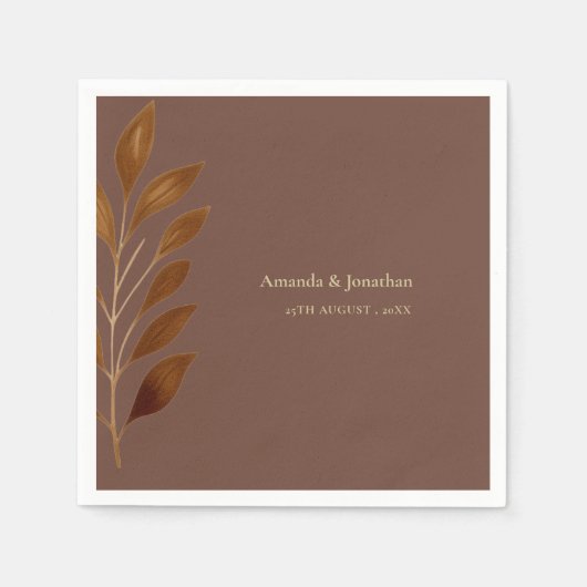コーヒモダンーブラウンと金ゴールドリーフ結婚ズ スタンダードカクテルナプキン (正面)