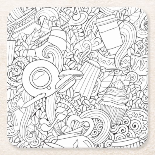 コーヒーおよび茶落書き スクエアペーパーコースター (正面)