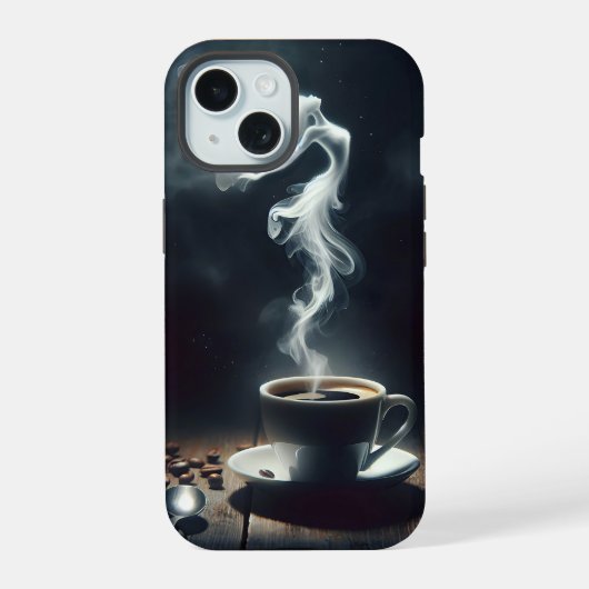 コーヒーから立ち上る湯気の中のダンサー iPhone 15ケース (裏面)
