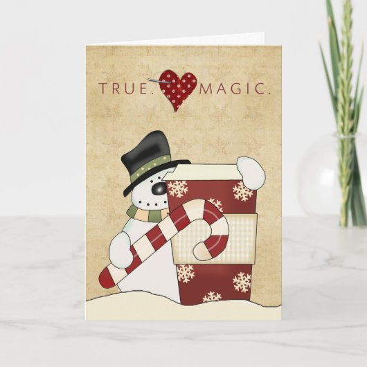 コーヒーが付いている雪だるま シーズンカード (正面)