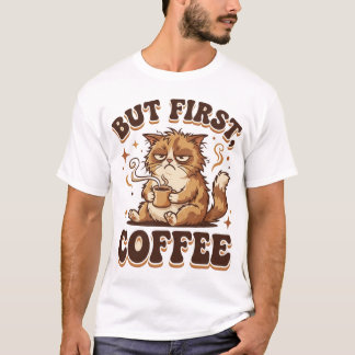 コーヒーが先 グランピーキャットTシャツ – 笑えるコーヒーL Tシャツ