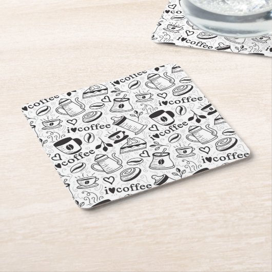 コーヒーが大好きな可愛い白黒コーヒー好き スクエアペーパーコースター (アングル)
