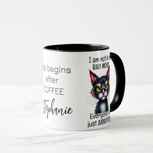 コーヒーが引用文すると不機嫌な猫の命が始おもしろいまる マグカップ (正面右)