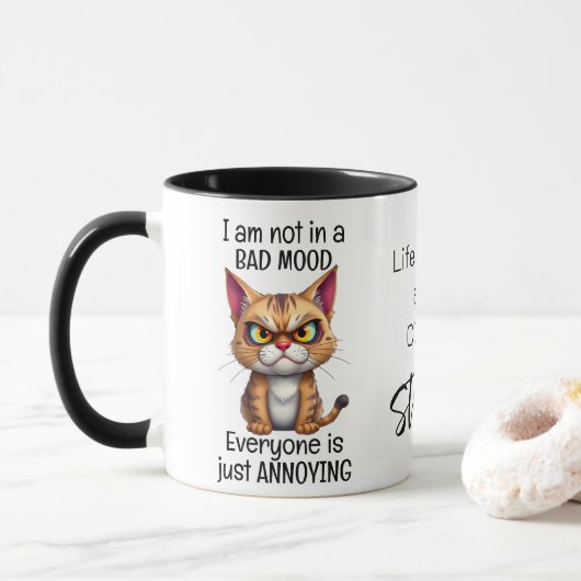 コーヒーが引用文すると不機嫌な猫の命が始おもしろいまる マグカップ (ドーナツ)