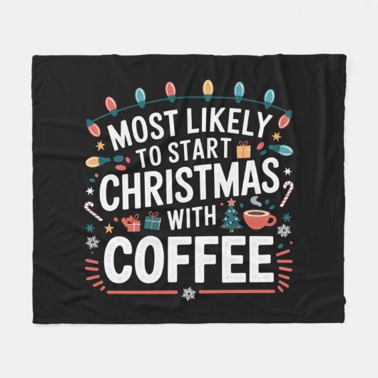 コーヒーでクリスマスをスタートさせる家族 フリースブランケット (正面(横))