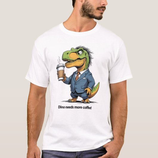 コーヒーで働くティラノサウルス Tシャツ (正面)