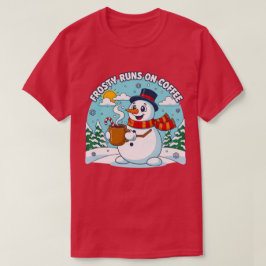 コーヒーで動くフロスティ 楽しいクリスマス デザイン Tシャツ