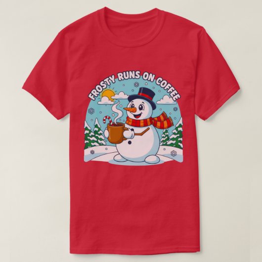 コーヒーで動くフロスティ 楽しいクリスマス デザイン Tシャツ (デザイン正面)