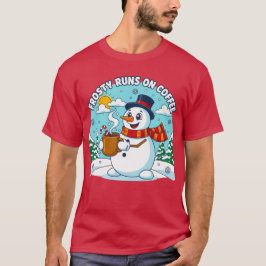 コーヒーで動くフロスティ 楽しいクリスマス デザイン Tシャツ
