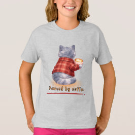 "コーヒーで動く" コーヒーカップを持つ猫 Tシャツ