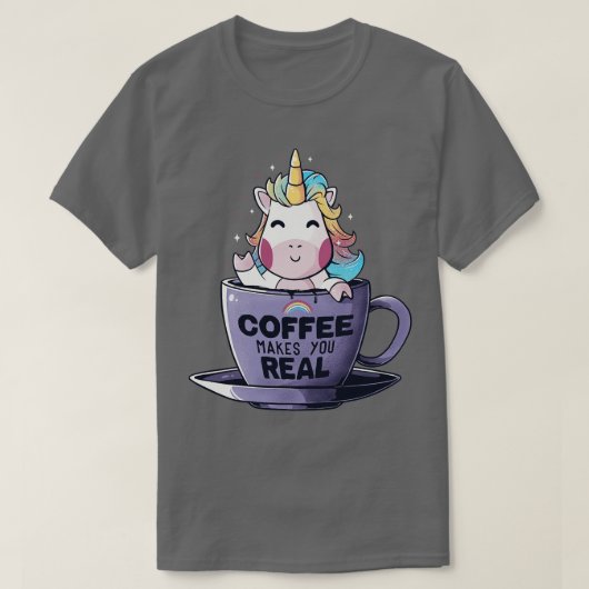 コーヒーで実在すおもしろいわいいユニコーン Tシャツ (デザイン正面)