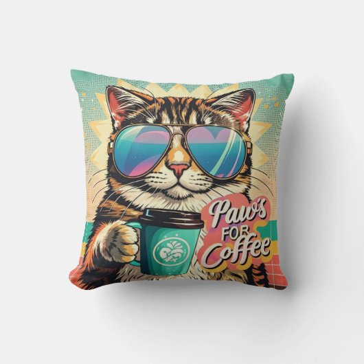 コーヒーで特大サングラスをかけている猫 クッション (正面)