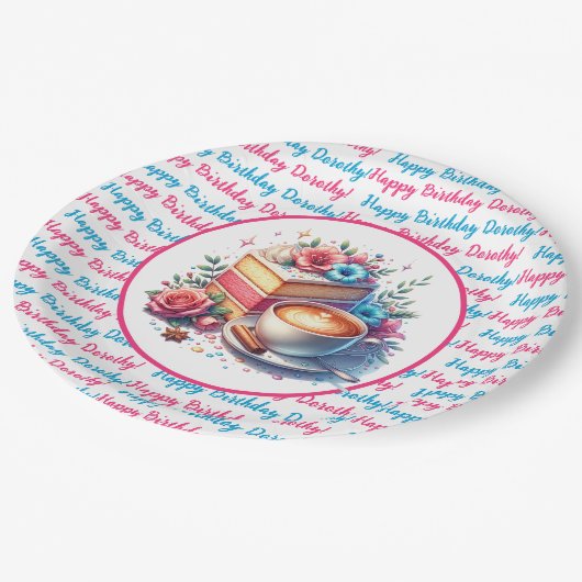 コーヒーとお誕生日ケーキ パーソナライズされた ペーパープレート (アングル)
