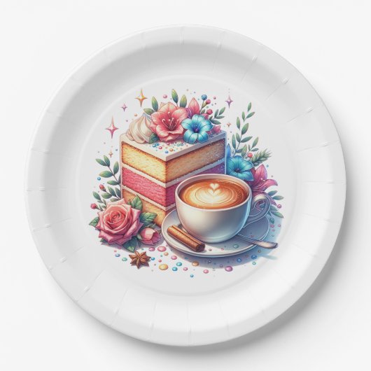 コーヒーとお誕生日ケーキ パーソナライズされた ペーパープレート (正面)