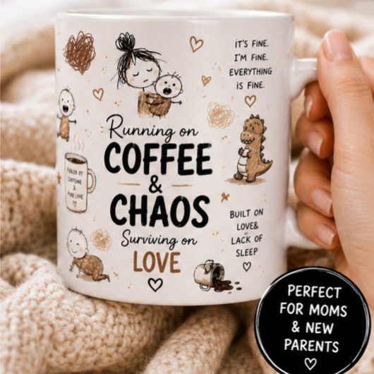コーヒーとカオスで走るママのユーモア コーヒーマグカップ