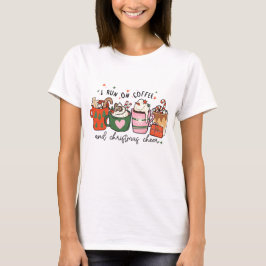 コーヒーとクリスマスの喜びで走る 面白いクリスマス Tシャツ