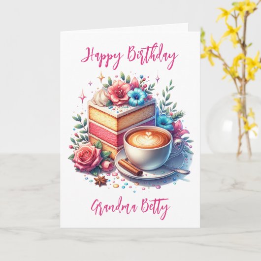 コーヒーとケーキおばあちゃんの誕生日 カード (黄色い花)