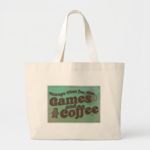 コーヒーとゲームタイムズおもしろいヴィンテージスタイル ラージトートバッグ