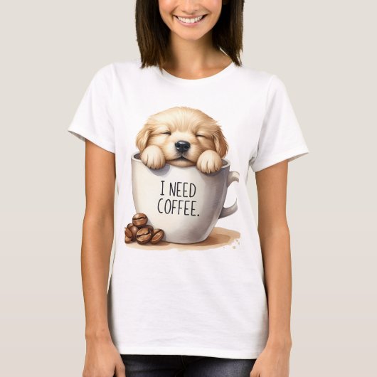 コーヒーとゴールデンレトリーバーの子犬が欲しい Tシャツ (正面)