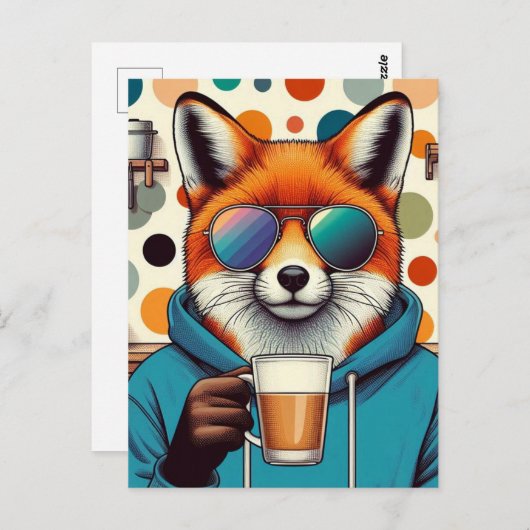 コーヒーとサングラスの赤いキツネ ポストカード (正面/裏面)