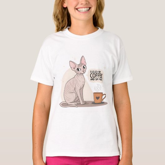 コーヒーとスフィンクス猫のイラストに支えられて Tシャツ (正面)