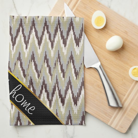 コーヒーとセージイカットジグザグパターン キッチンタオル (四つ折り)