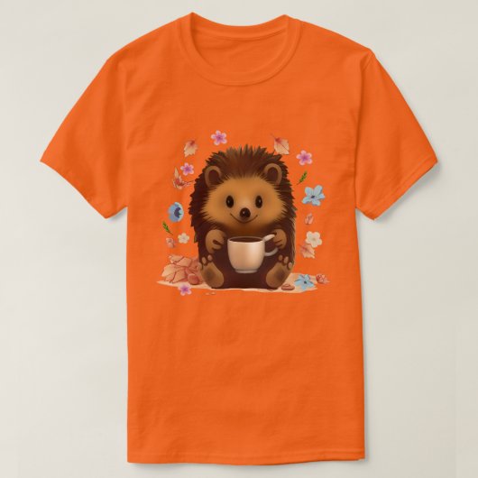 コーヒーとハリネズミ - かわいい秋のアート Tシャツ (デザイン正面)