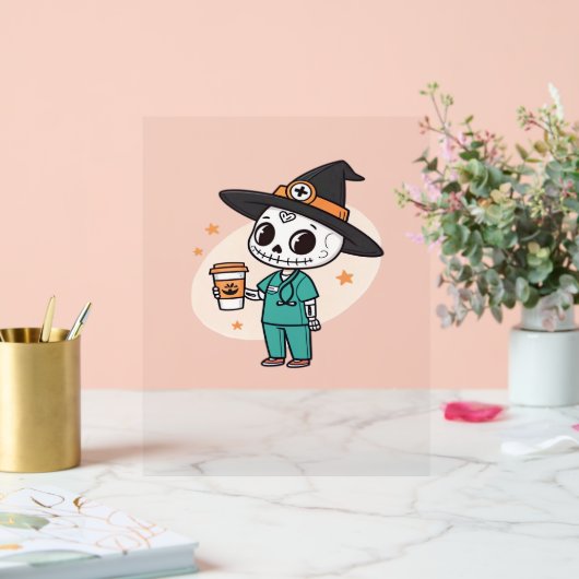 コーヒーとハロウィーンナースウィッチハットClを着用 アクリルサイン (ウェディング)