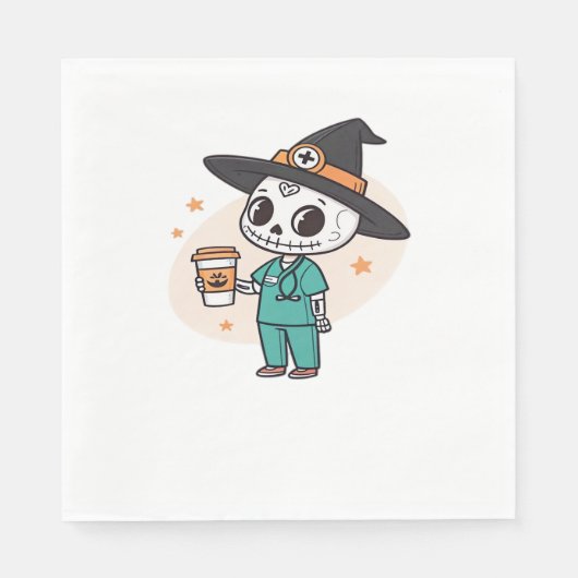 コーヒーとハロウィーンナースウィッチハットClを着用 スタンダードランチョンナプキン (正面)