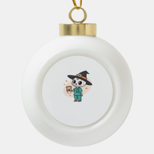 コーヒーとハロウィーンナースウィッチハットClを着用 セラミックボールオーナメント (正面)