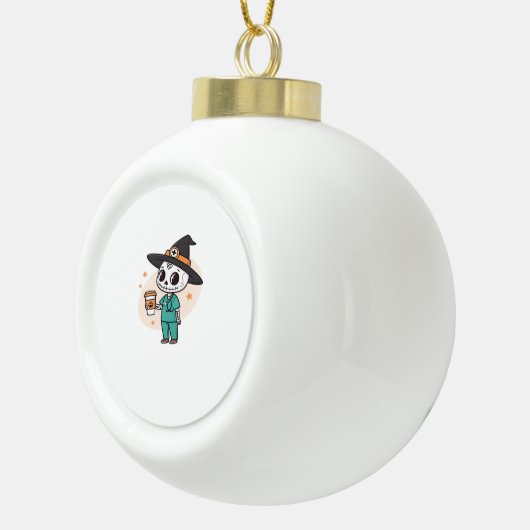 コーヒーとハロウィーンナースウィッチハットClを着用 セラミックボールオーナメント (右)