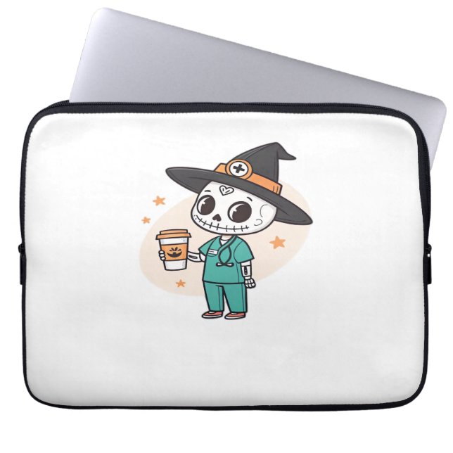 コーヒーとハロウィーンナースウィッチハットClを着用 ラップトップスリーブ (正面)