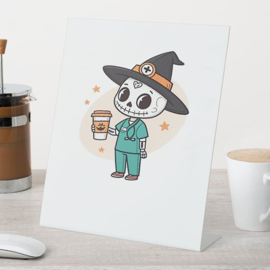 コーヒーとハロウィーンナースウィッチハットClを着用 台座サイン (インサイチュ)