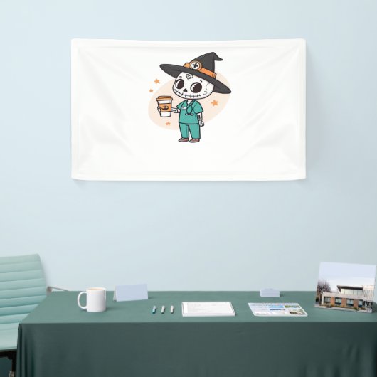 コーヒーとハロウィーンナースウィッチハットClを着用 横断幕 (トレードショー)