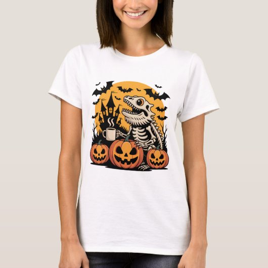 コーヒーとハロウィーン恐竜のスケルトン Tシャツ (正面)