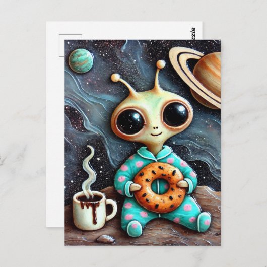 コーヒーとベーグルと青いPJのエイリアン ポストカード (正面/裏面)