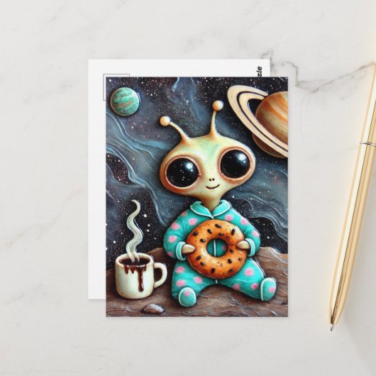 コーヒーとベーグルと青いPJのエイリアン ポストカード (正面/裏面インサイチュ)