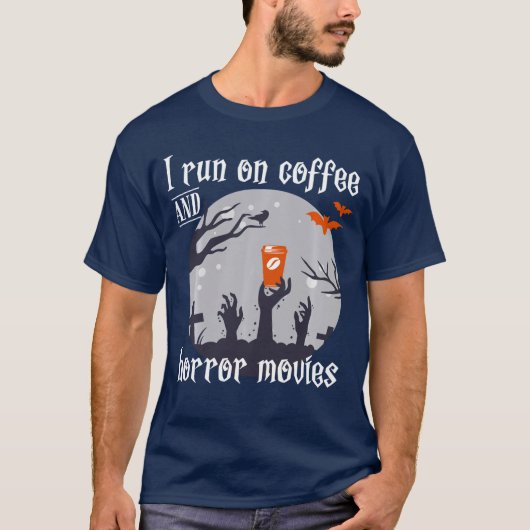コーヒーとホラー映画で動く 面白くて怖い Tシャツ (正面)