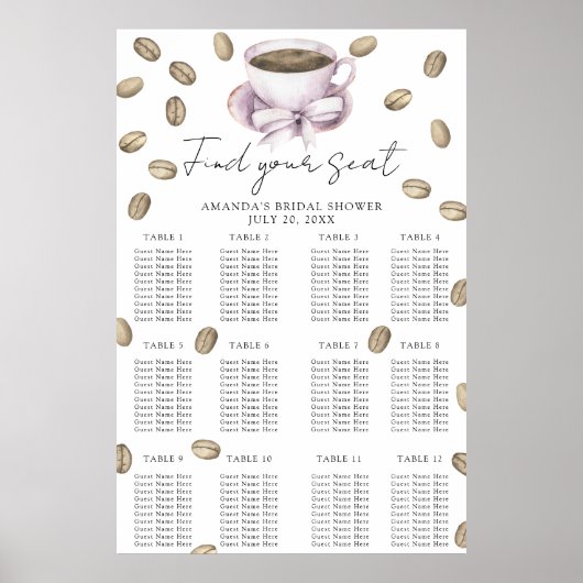 コーヒーとボウブライダルシャワーの座席表 ポスター (正面)