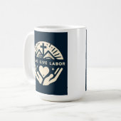 コーヒーと信仰:愛。ライブ。労働。 コーヒーマグカップ (正面左)