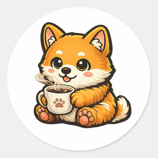 コーヒーと可愛い柴犬 – ほっこり犬イラスト ラウンドシール (正面)
