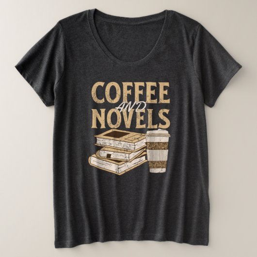 コーヒーと小説 面白い ヴィンテージの本を読む プラスサイズTシャツ (デザイン正面)