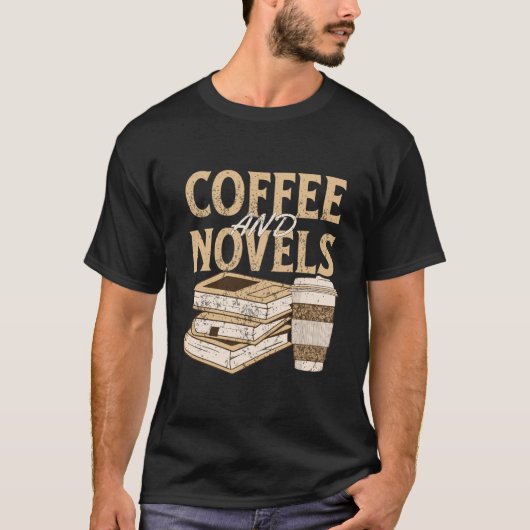 コーヒーと小説 面白い ヴィンテージの本を読む Tシャツ (正面)