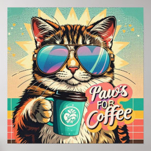 コーヒーと巨大なサングラスをかけた猫 ポスター