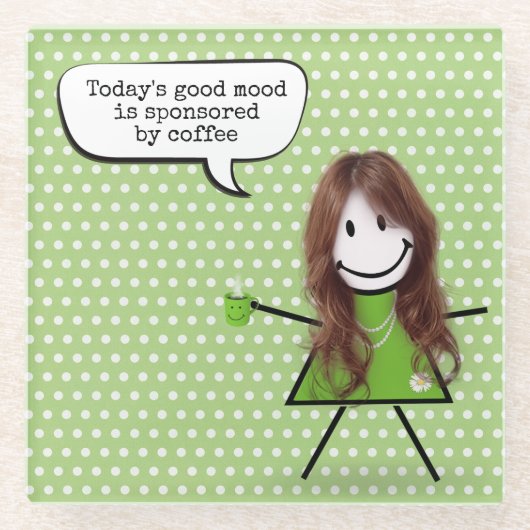 コーヒーと引用文を付けたスティックガール ガラスコースター (正面)