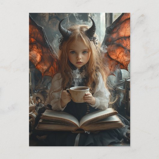 コーヒーと本を持つダークエンジェルの子供 ポストカード (正面)
