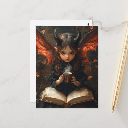 コーヒーと本を持つダークエンジェル ポストカード (正面/裏面インサイチュ)