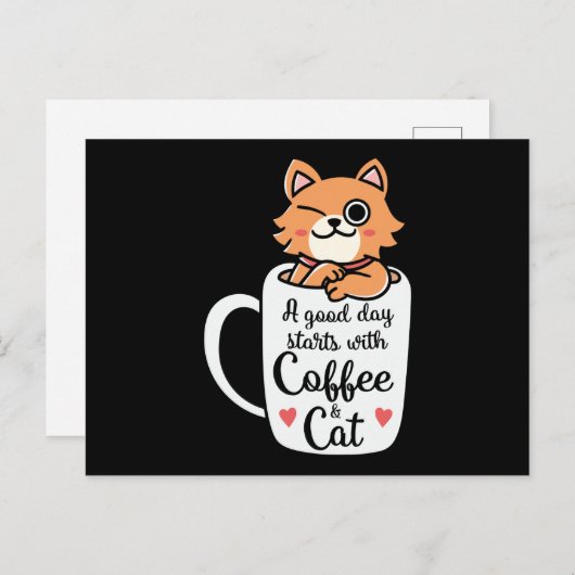 コーヒーと猫で一日をスタートおもしろい ポストカード (正面/裏面)