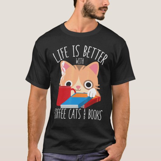 コーヒーと猫と本 ブックワーム Tシャツ (正面)