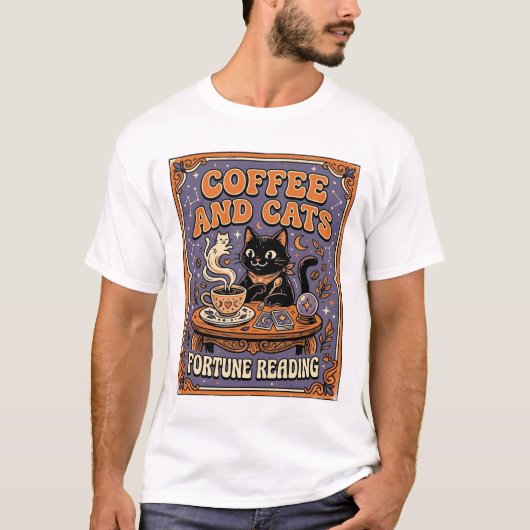 コーヒーと猫の猫の茶の葉のコーヒー占い Tシャツ (正面)